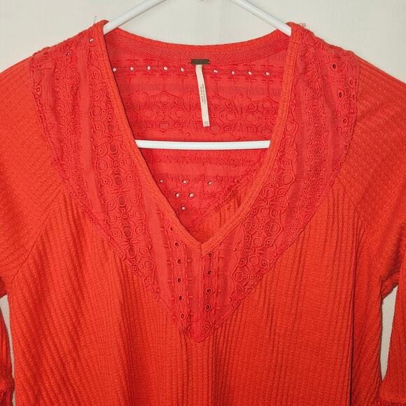 Free People Women's Parisian Nights Eyelet Embroidered Red Boho Top size  Xs - Picture 3 of 10